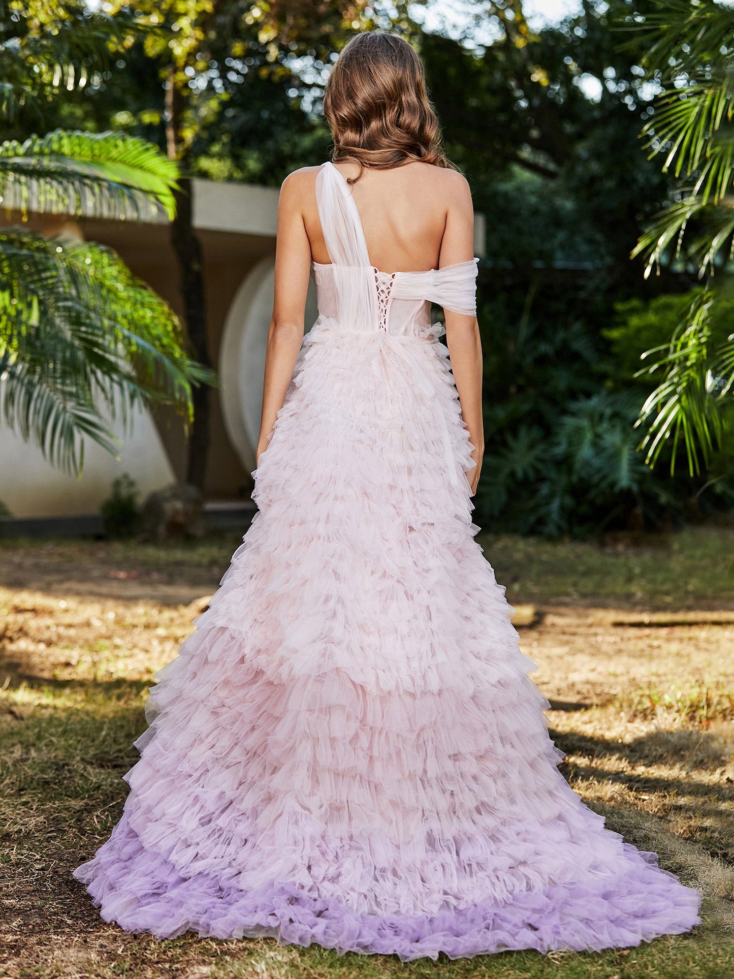 One Shoulder Flowy Ruffle Skirt Tulle Ball Gown Pink