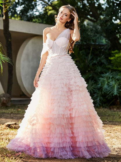 One Shoulder Flowy Ruffle Skirt Tulle Ball Gown Pink