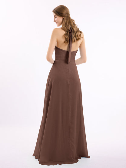 V Neckline Chiffon Dress with Bow Straps Chocolate
