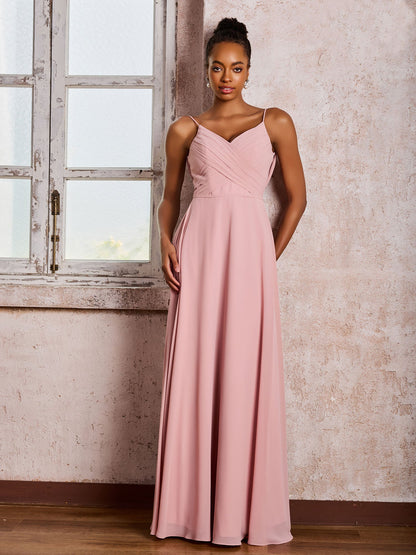 Spaghetti Straps V-neck Pleated A-line Chiffon Dresses Dusty Rose