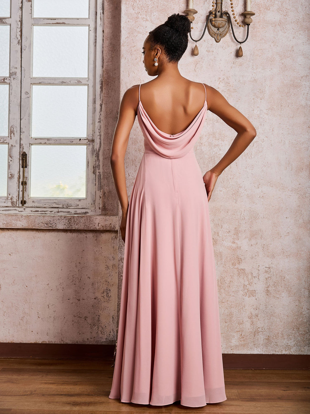 Spaghetti Straps V-neck Pleated A-line Chiffon Dresses Dusty Rose