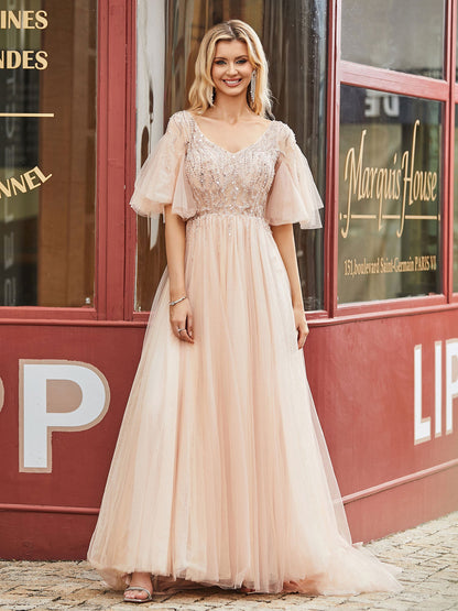 V-neck Flutter Sleeves Rhinestones Decor Sweep Train Dress Peach