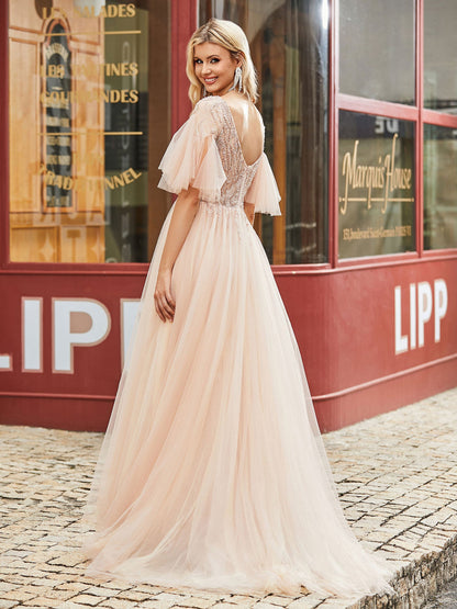 V-neck Flutter Sleeves Rhinestones Decor Sweep Train Dress Peach