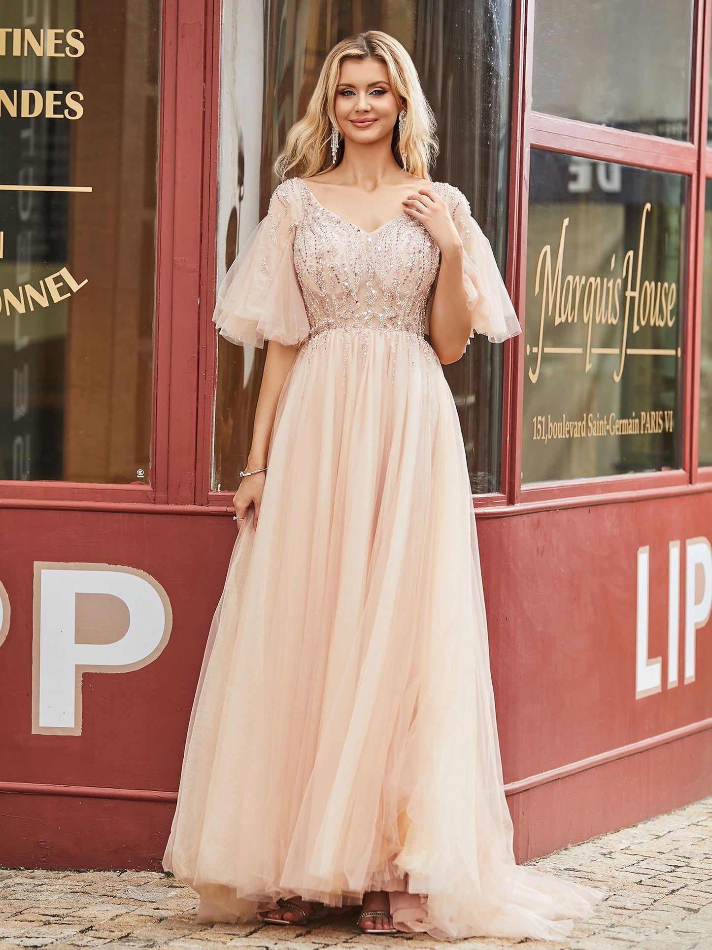V-neck Flutter Sleeves Rhinestones Decor Sweep Train Dress Peach