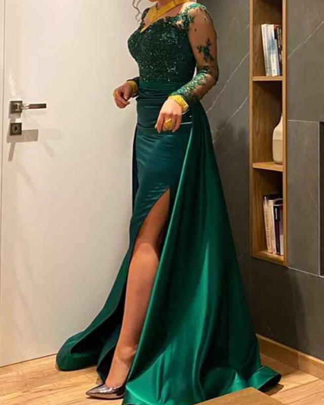 Mermaid Green Satin Prom Dresses V-neck Lace Sleeves