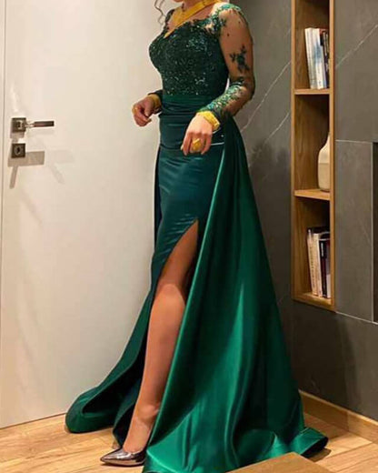 Mermaid Green Satin Prom Dresses V-neck Lace Sleeves