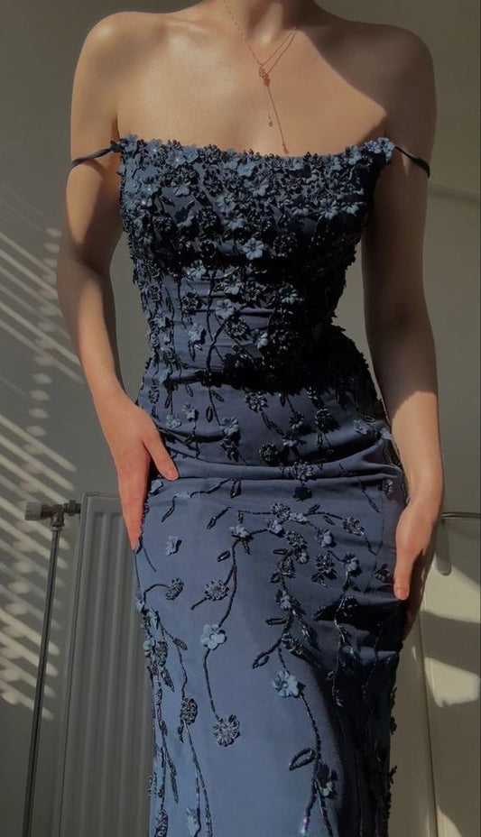 Dark Blue Floral Mermaid Bodycon Long Prom Dress, AST907