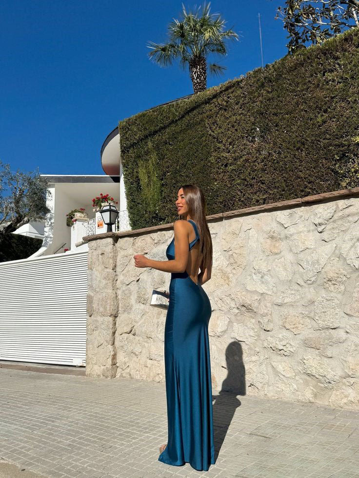 Dark Blue One Shoulder Mermaid Satin Long Prom Dress with Slit