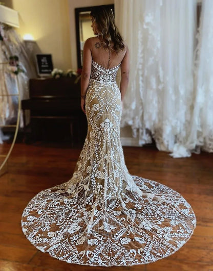 Aimishang Mermaid Wedding Dress Illusion Neckline Lace