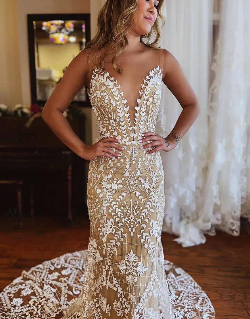 Aimishang Mermaid Wedding Dress Illusion Neckline Lace