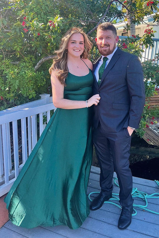 Dark Green Satin Spaghetti Straps Mermaid Long Prom Dress