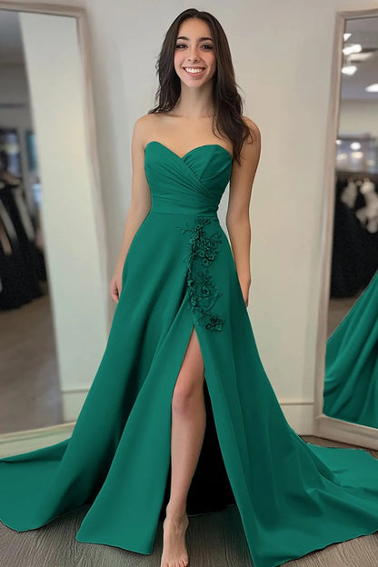Dark Green Sweetheart A Line Satin Appliqued Long Prom Dress with Slit