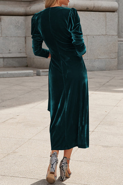 Dark Green V Neck Velvet Evening Gown Dress With Long Sleeves