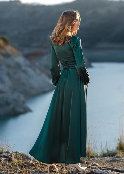 Dark Green Long Sleeved Waist Decoration Formal Bridesmaid Dress