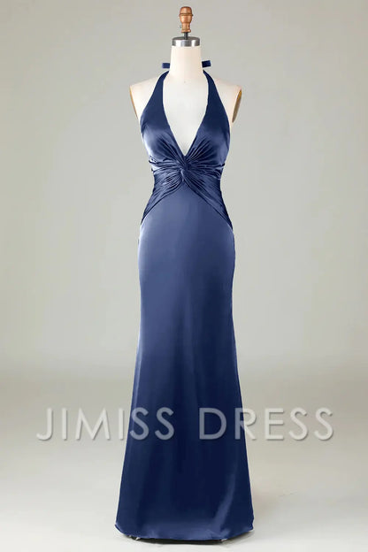 Jimiss-Fish tail hanging neck deep green long satin bridesmaid dress