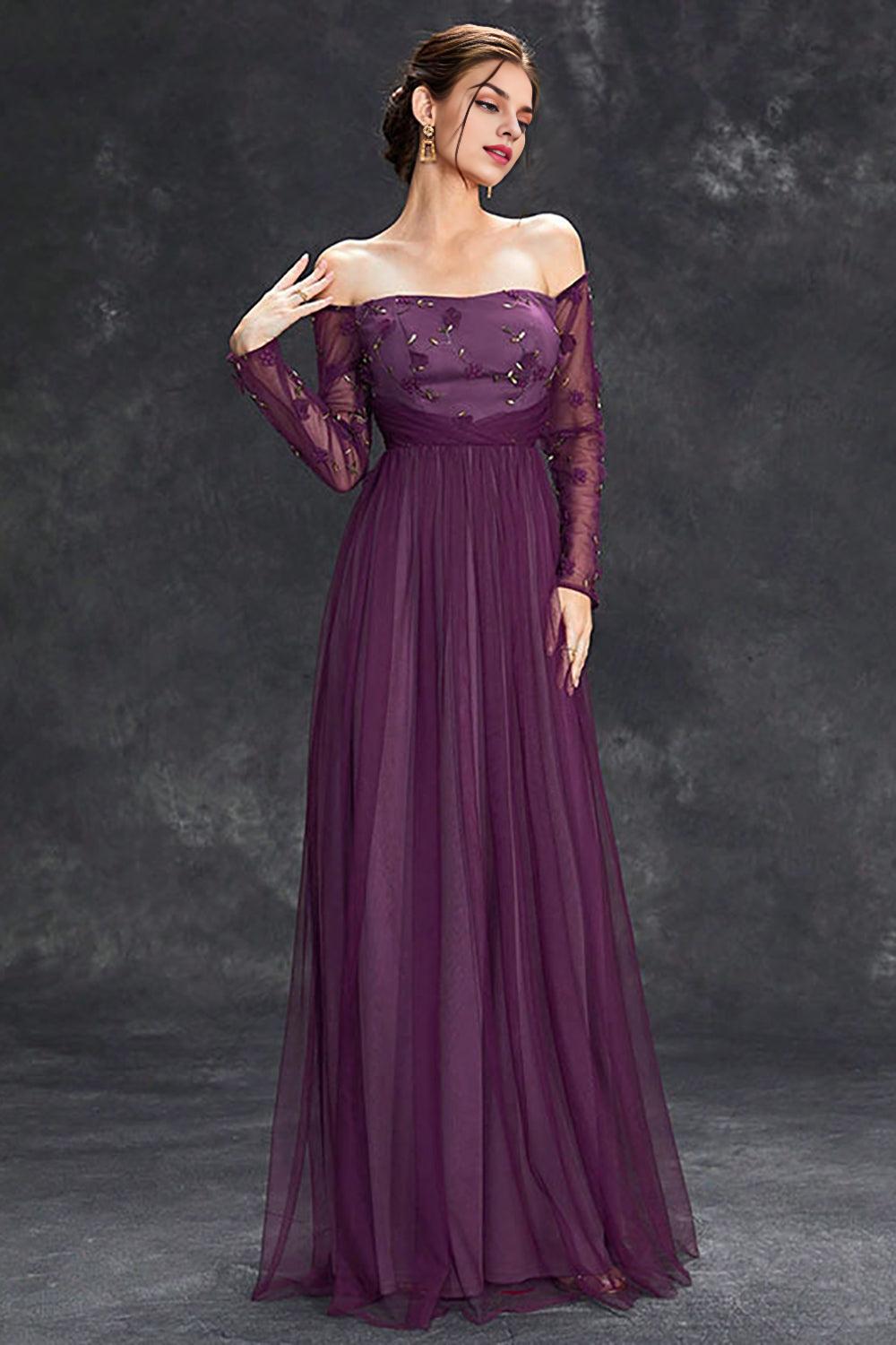 Tulle Off The Shoulder Dark Purple Mother of the Bride Dresseswith Sleeves