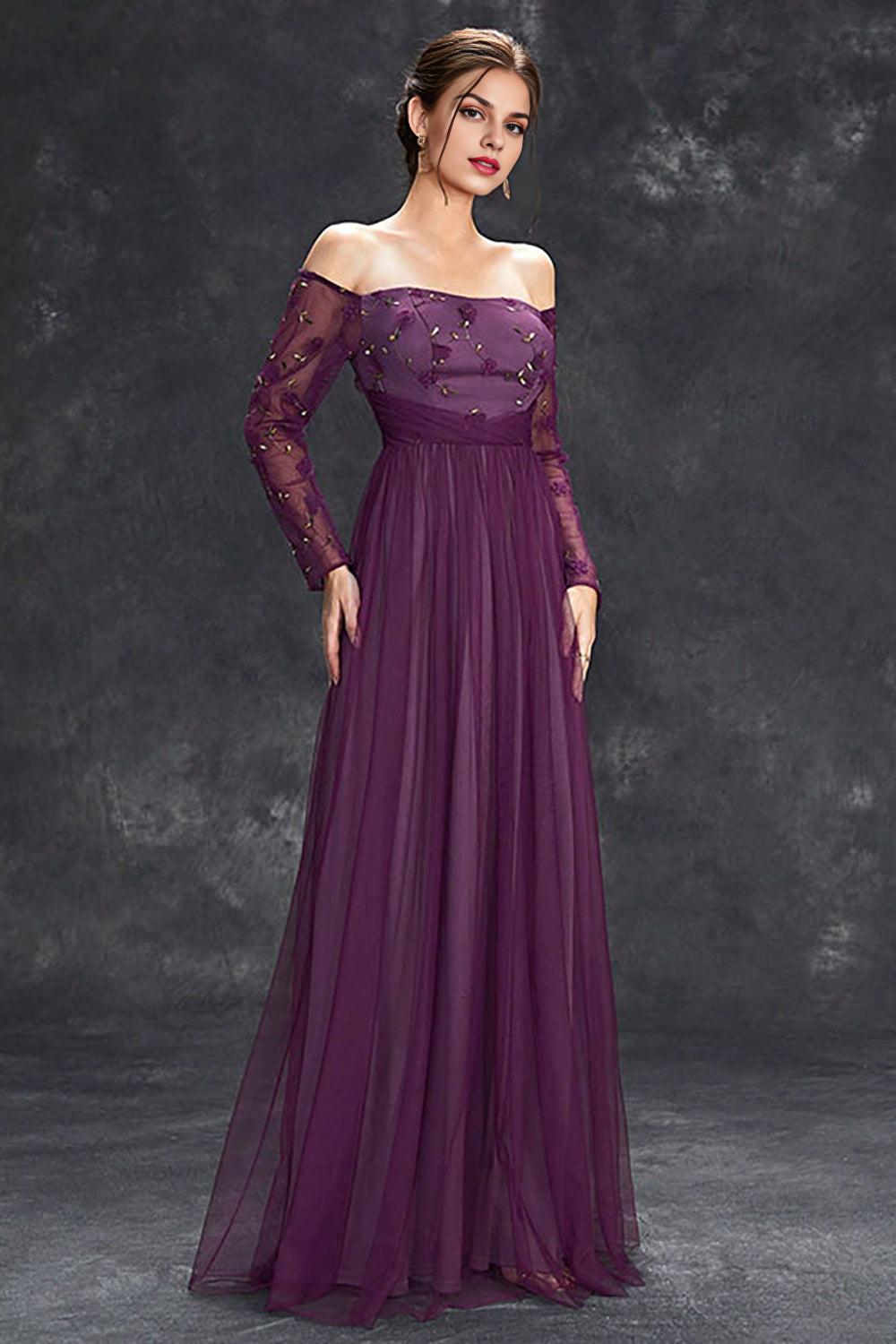 Tulle Off The Shoulder Dark Purple Mother of the Bride Dresseswith Sleeves