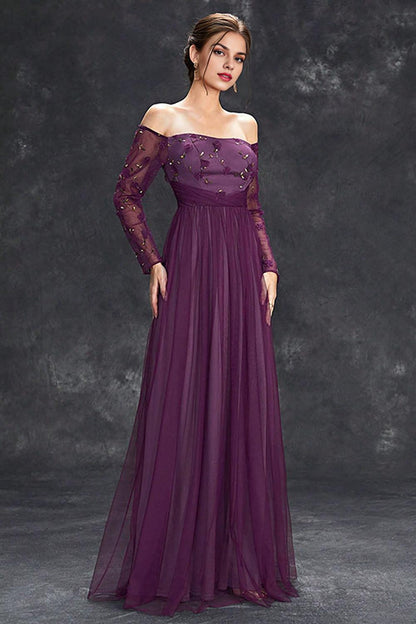 Tulle Off The Shoulder Dark Purple Mother of the Bride Dresseswith Sleeves