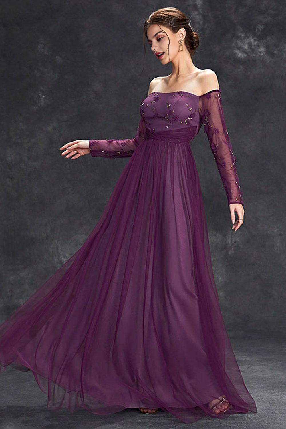 Tulle Off The Shoulder Dark Purple Mother of the Bride Dresseswith Sleeves