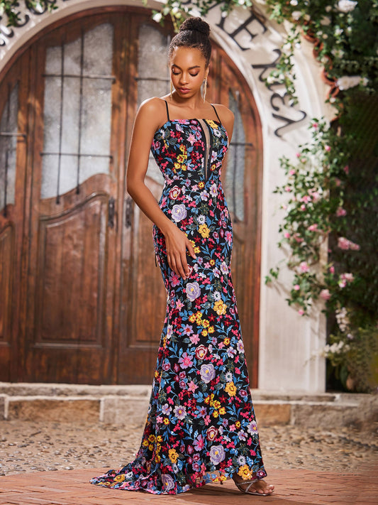 Spaghetti Straps Floral Embroidered Black Lining Prom Dresses With Slit As Picture