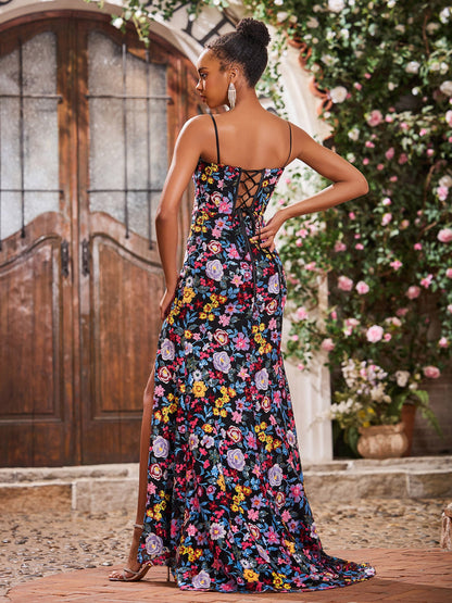 Spaghetti Straps Floral Embroidered Black Lining Prom Dresses With Slit As Picture