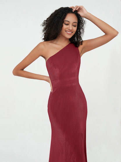 One Shoulder Open Back Velvet Dresses with Slit Burgundy