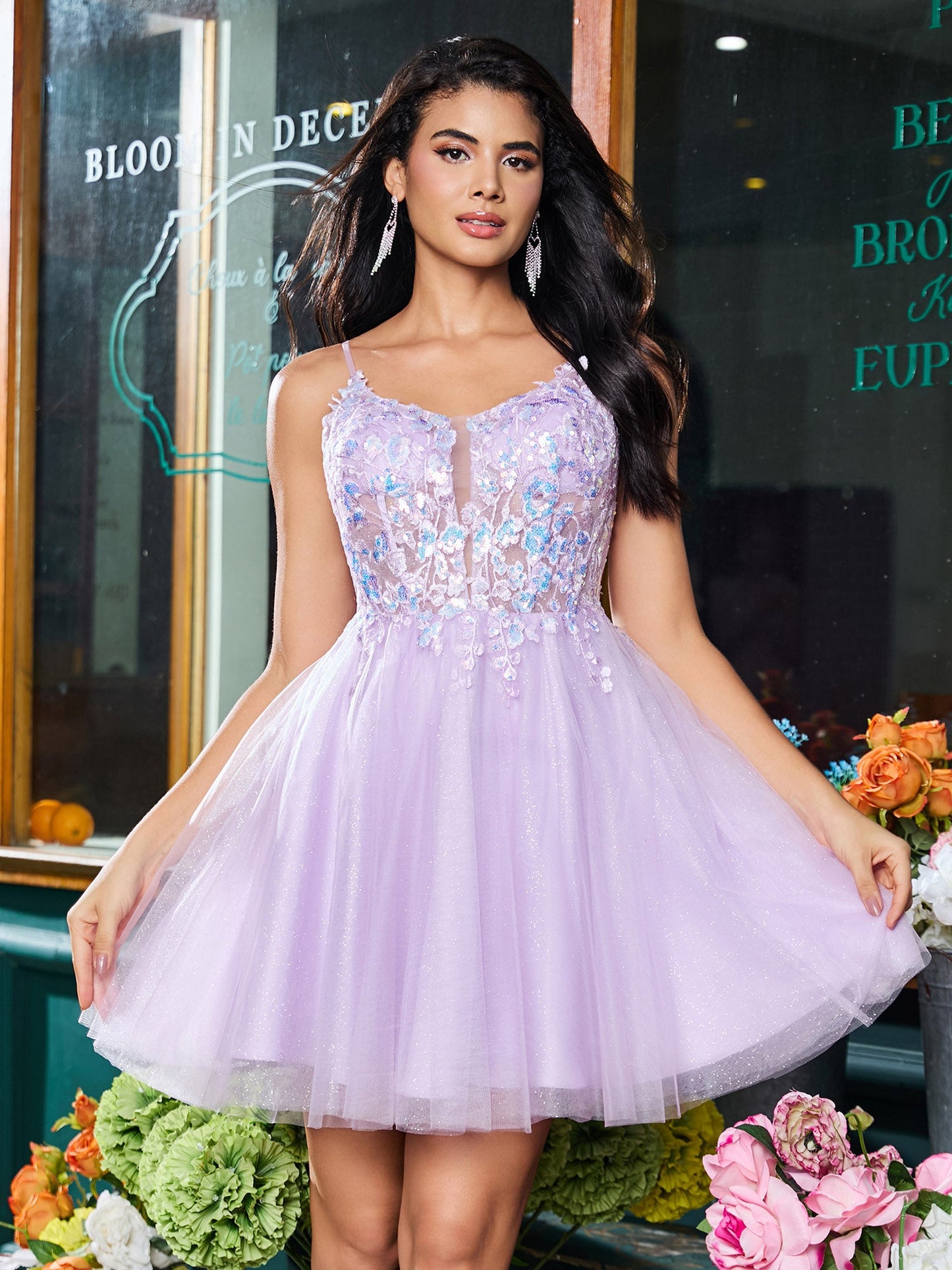 Spaghetti Straps Applique Tulle A-line Mini Dress Lilac