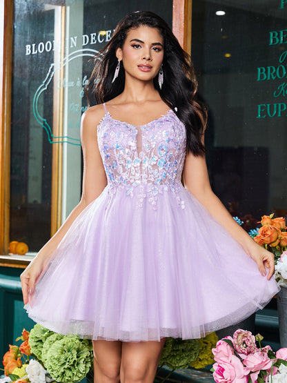 Spaghetti Straps Applique Tulle A-line Mini Dress Lilac
