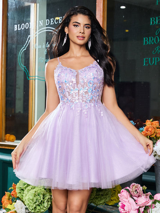 Spaghetti Straps Applique Tulle A-line Mini Dress Lilac
