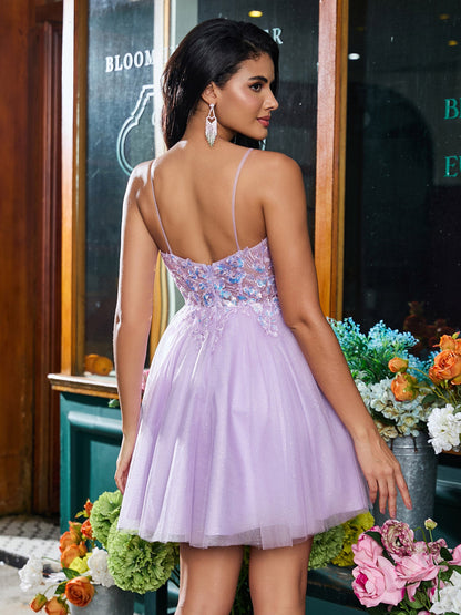 Spaghetti Straps Applique Tulle A-line Mini Dress Lilac