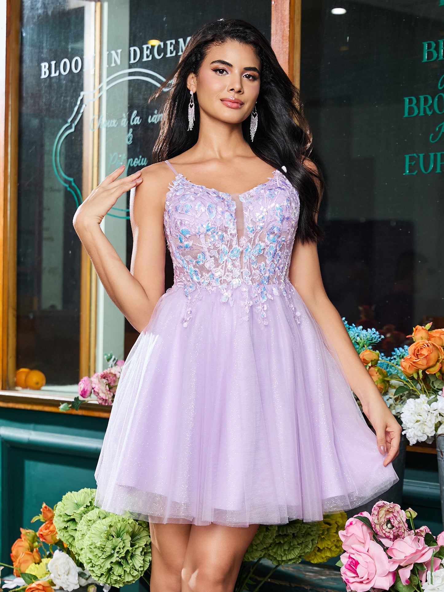 Spaghetti Straps Applique Tulle A-line Mini Dress Lilac