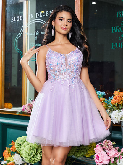 Spaghetti Straps Applique Tulle A-line Mini Dress Lilac