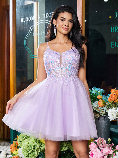 Spaghetti Straps Applique Tulle A-line Mini Dress Lilac