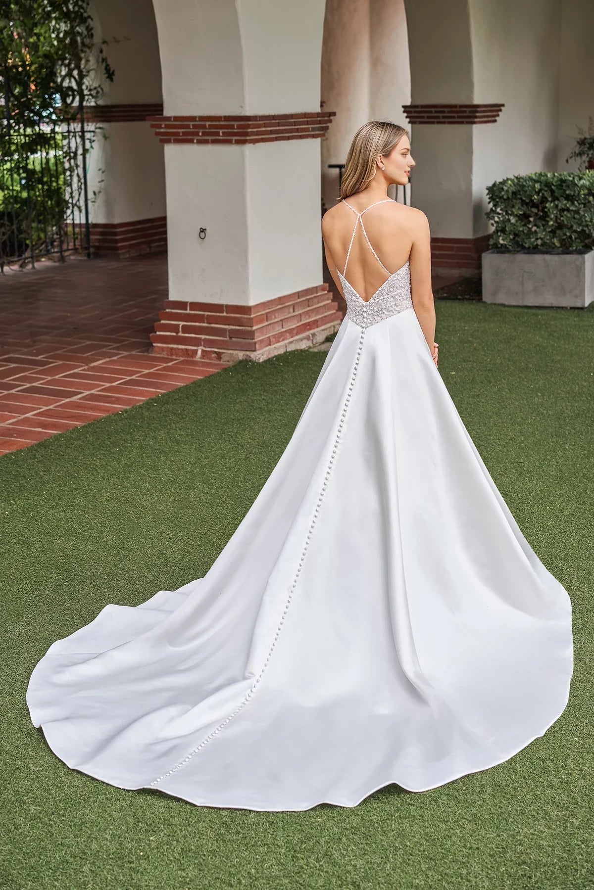 Deep V-neck off shoulder sleeveless lace floral patch backless and floor length wedding dress