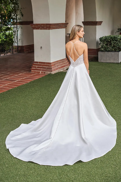 Deep V-neck off shoulder sleeveless lace floral patch backless and floor length wedding dress