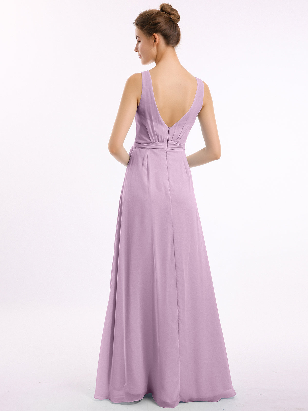 V neck Chiffon Bow Sash Gowns with Split Wisteria