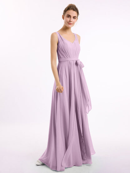 V neck Chiffon Bow Sash Gowns with Split Wisteria