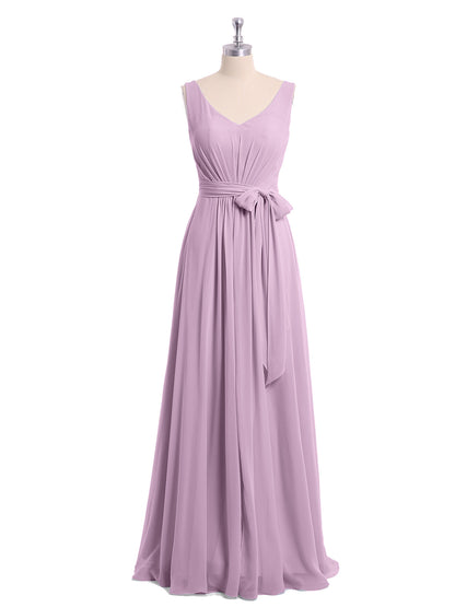 V neck Chiffon Bow Sash Gowns with Split Wisteria