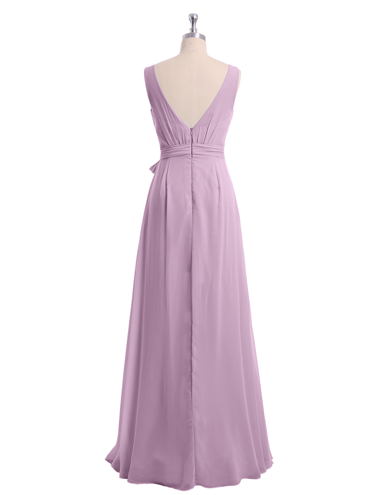 V neck Chiffon Bow Sash Gowns with Split Wisteria