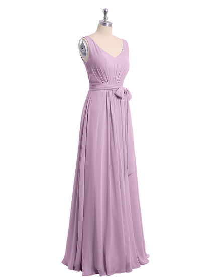 V neck Chiffon Bow Sash Gowns with Split Wisteria