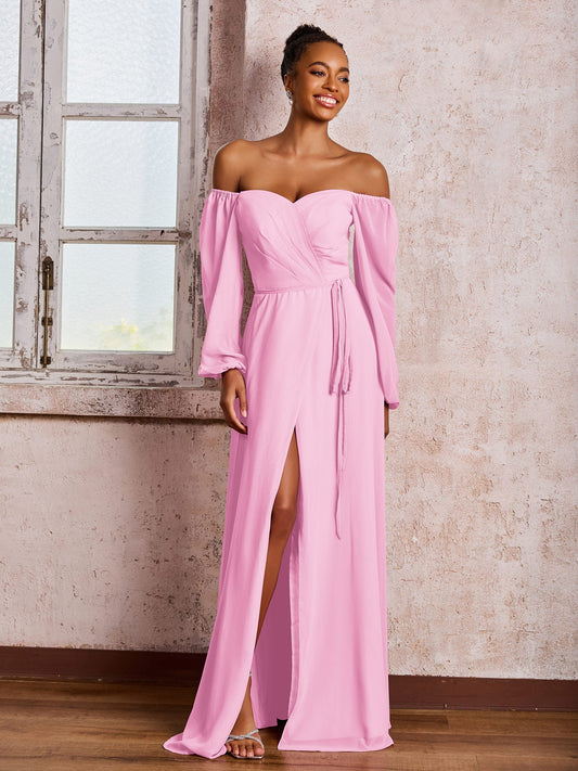 Off-The-Shoulder Long Sleeves Bow Dresses with Slit Candy Pink