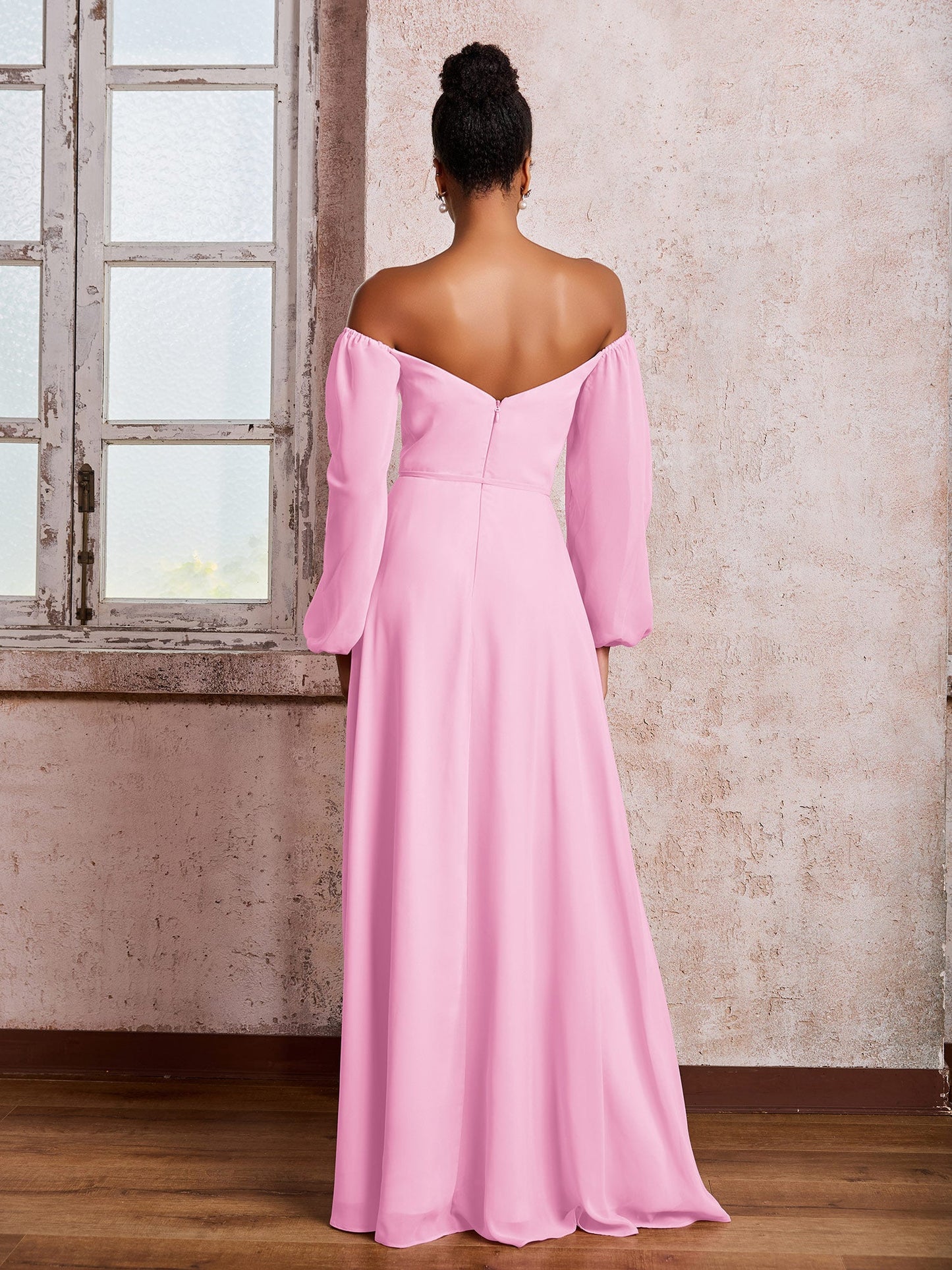 Off-The-Shoulder Long Sleeves Bow Dresses with Slit Candy Pink