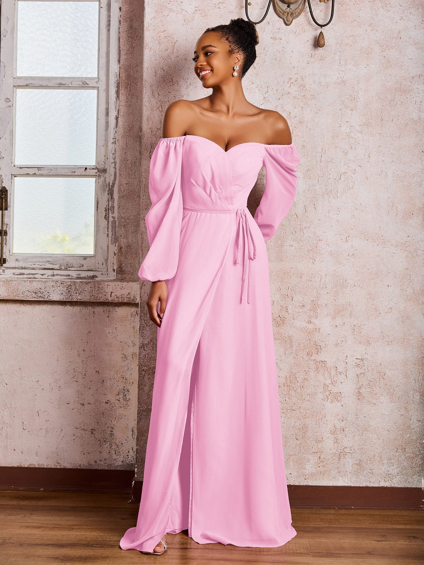 Off-The-Shoulder Long Sleeves Bow Dresses with Slit Candy Pink