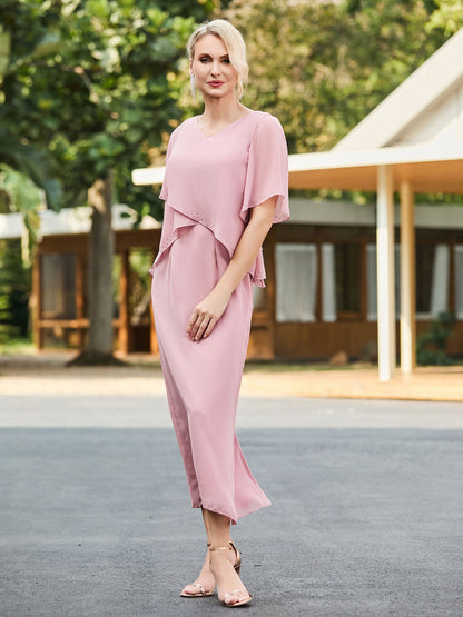 V-neck Tea-length Dress with Flutter Sleeves Dusty Rose