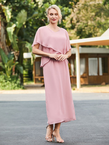 V-neck Tea-length Dress with Flutter Sleeves Dusty Rose