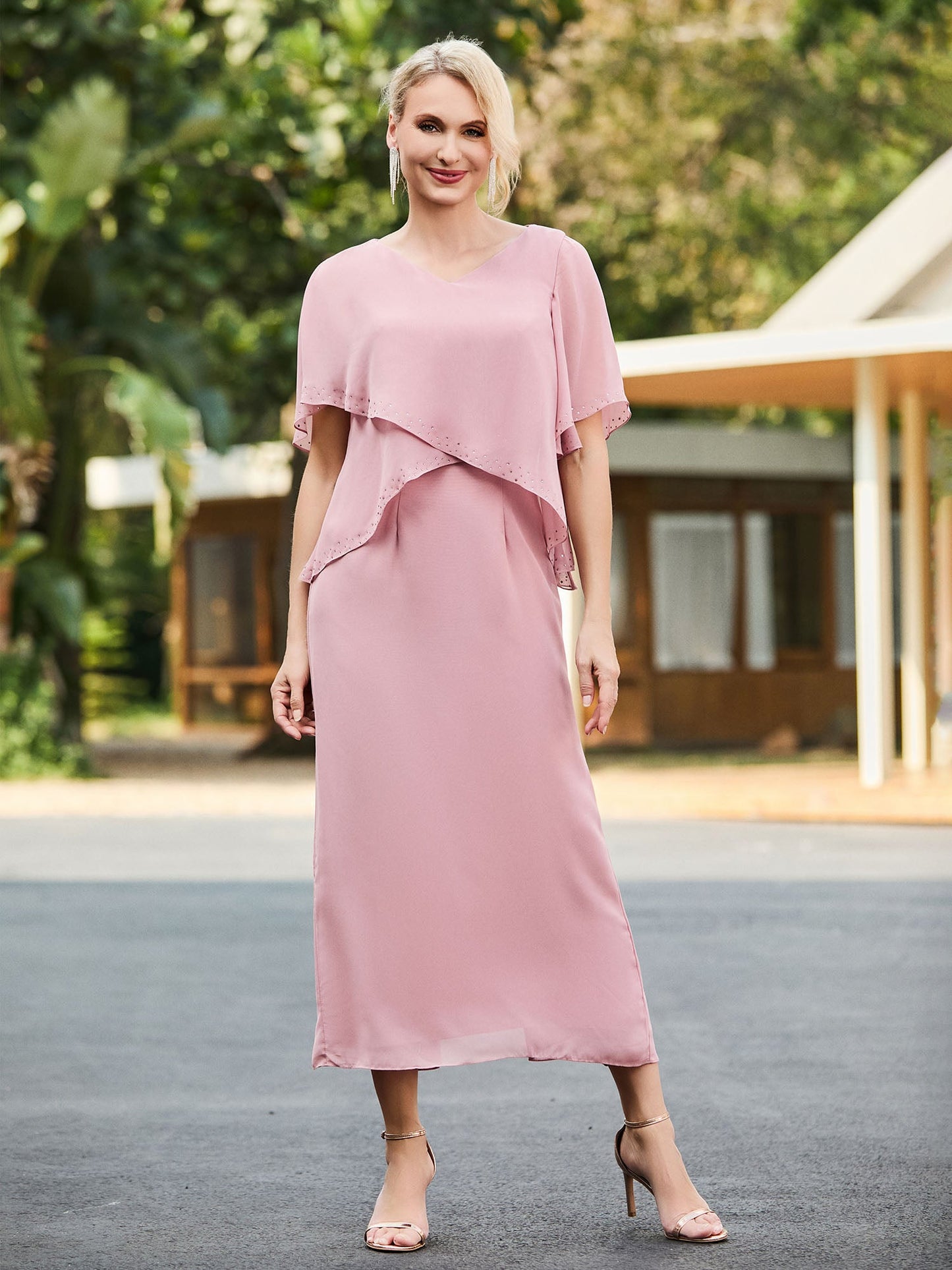 V-neck Tea-length Dress with Flutter Sleeves Dusty Rose