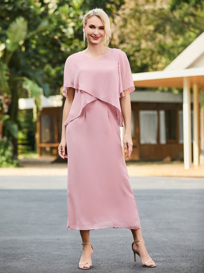 V-neck Tea-length Dress with Flutter Sleeves Dusty Rose