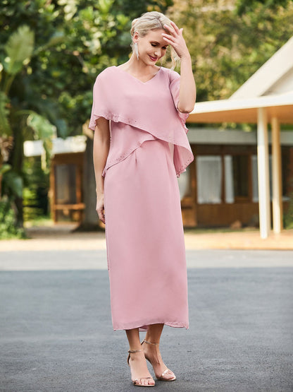 V-neck Tea-length Dress with Flutter Sleeves Dusty Rose