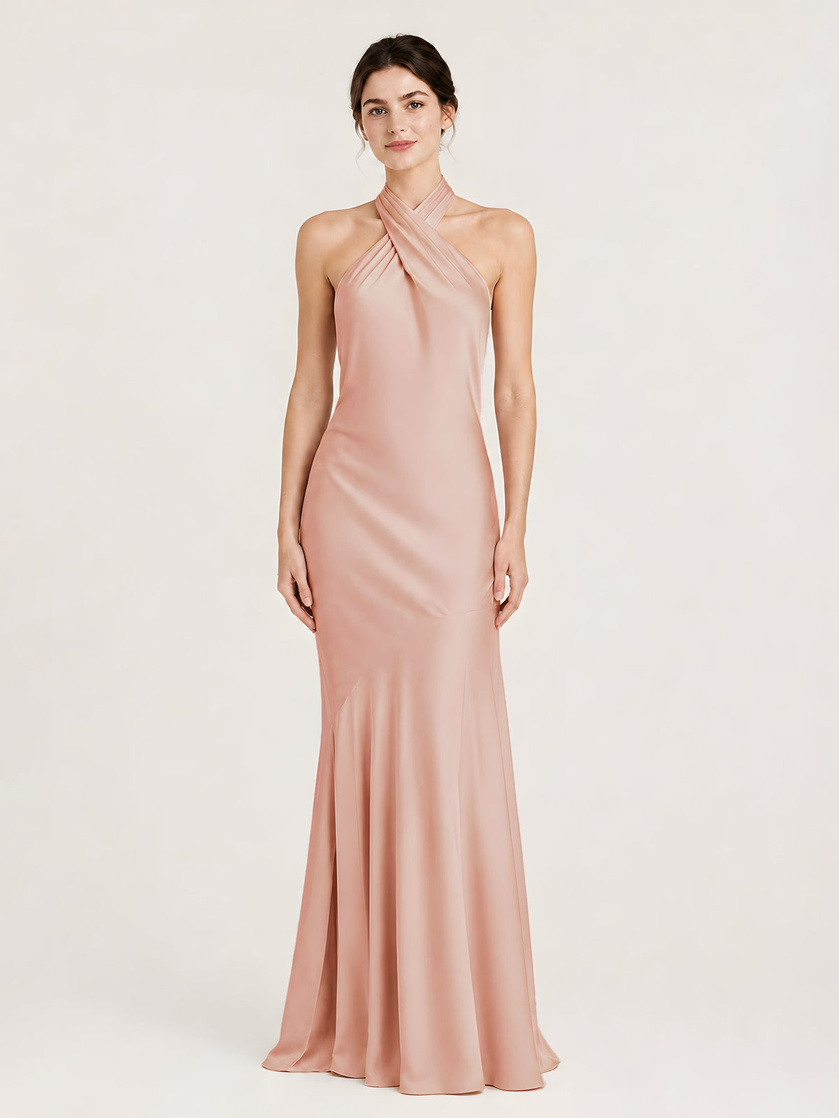 Floor-Length Halter Dress with Flared Mermaid Hem Blushing Pink