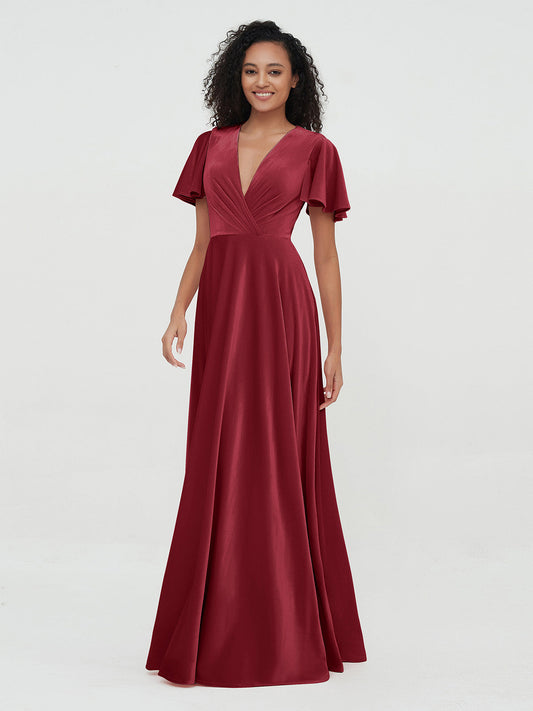 Open Back Max Velvet Dresses with Flutter Sleeves Burgundy